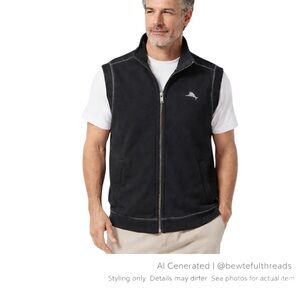 Tommy Bahama XL Black Zip Vest Cotton Coastal Quiet Luxury Pockets